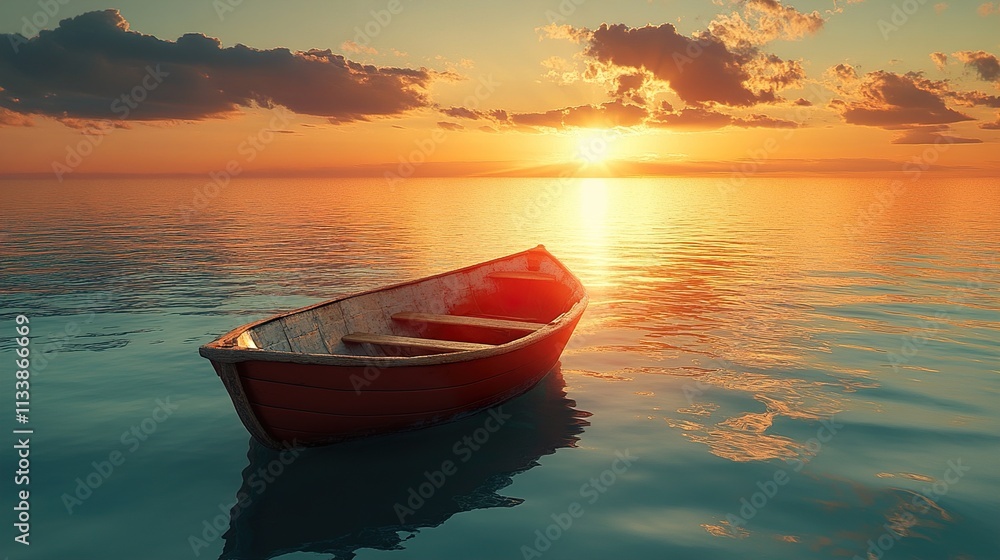 Sunset Serenity: A lone boat on tranquil waters Sunset Serenity: A lone boat on tranquil waters