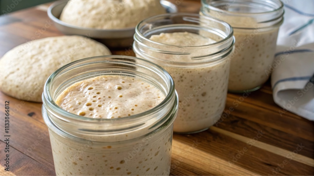 Active sourdough starter in glass jars, showing bubbly fermentation, ready for baking Active sourdough starter in glass jars, showing bubbly fermentation, ready for baking