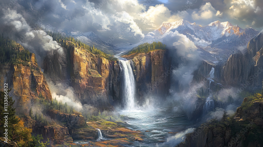 Dramatic mountain waterfall cascading into rocky gorge with swirling clouds Dramatic mountain waterfall cascading into rocky gorge with swirling clouds