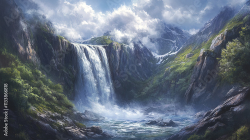 Dramatic waterfall cascading into rocky gorge with swirling clouds above
