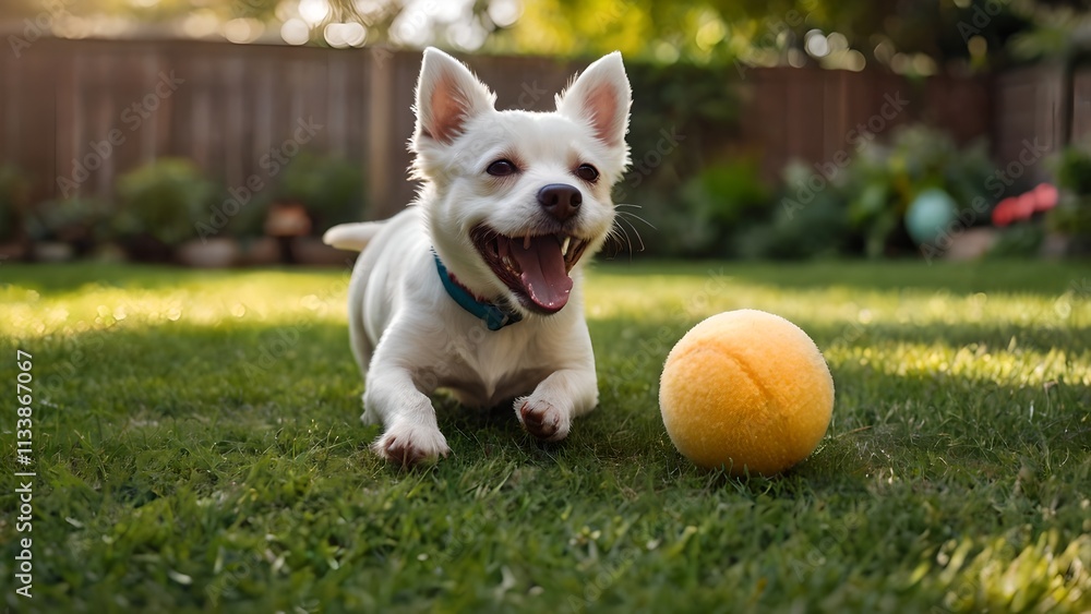 Happy White Dog Playing with Tennis Ball in Sunny Backyard Happy White Dog Playing with Tennis Ball in Sunny Backyard