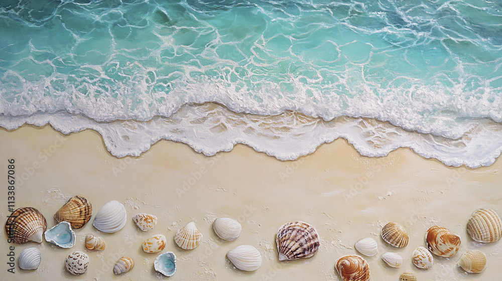 Crystal clear ocean waters lapping onto soft white sand with seashells scattered along shore Crystal clear ocean waters lapping onto soft white sand with seashells scattered along shore