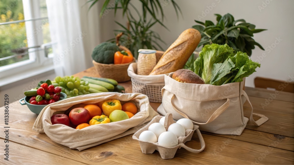 A rustic kitchen table scene showcasing fresh produce and baked goods in reusable fabric bags. A rustic kitchen table scene showcasing fresh produce and baked goods in reusable fabric bags.