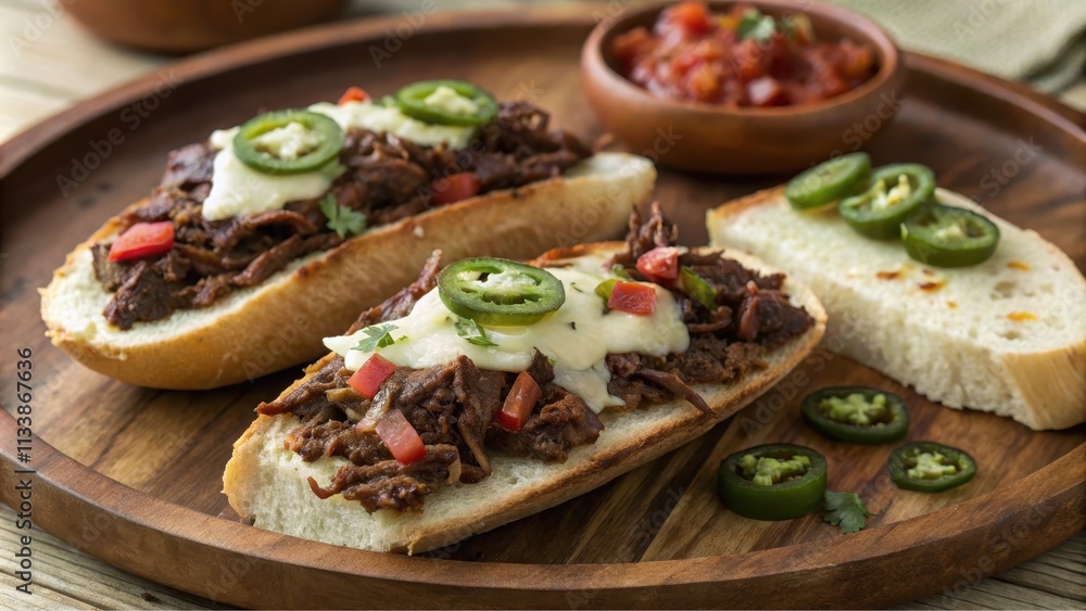 Melted Cheese and Slow-Cooked Meat Sliders with Jalape?os on a Rustic Wooden Platter Melted Cheese and Slow-Cooked Meat Sliders with Jalape?os on a Rustic Wooden Platter