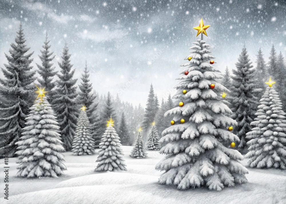 Obraz premium Silhouetted snowy pine trees, a winter scene, ideal for Christmas card design.