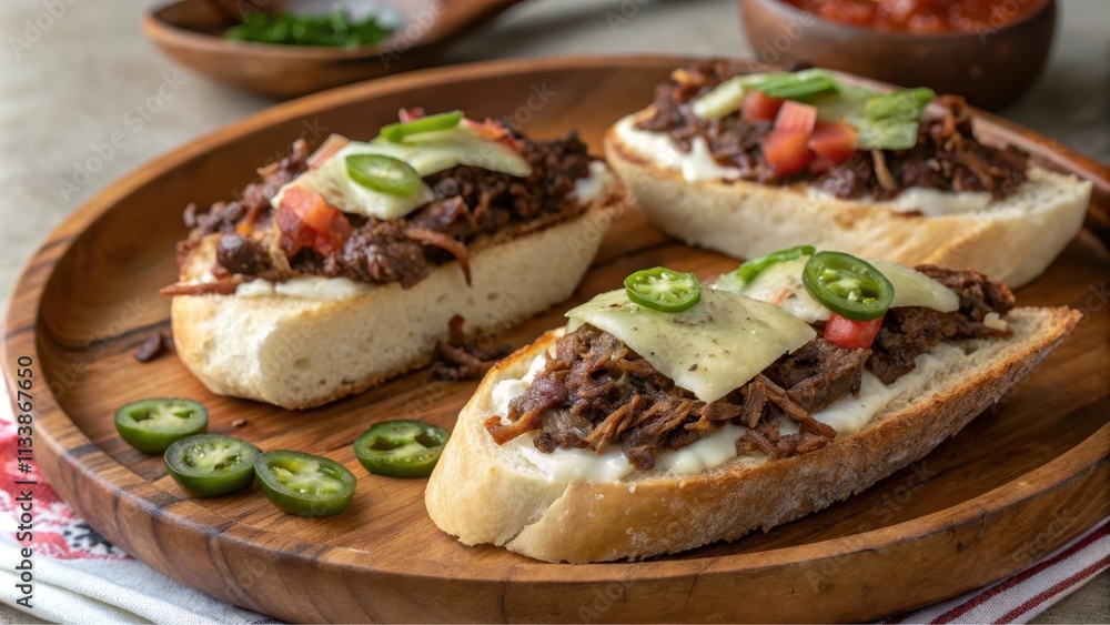 Savory Pulled Meat Toasts with Melted Cheese and Spicy Jalapenos on a Rustic Wooden Platter Savory Pulled Meat Toasts with Melted Cheese and Spicy Jalapenos on a Rustic Wooden Platter