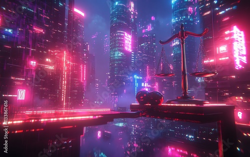 Glowing gavel and glowing scales of justice, set in a futuristic cyberthemed city, representing law and order with AI generative art and neon lighting photo