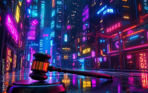 Glowing gavel and glowing scales of justice, set in a futuristic cyberthemed city, representing law and order with AI generative art and neon lighting photo