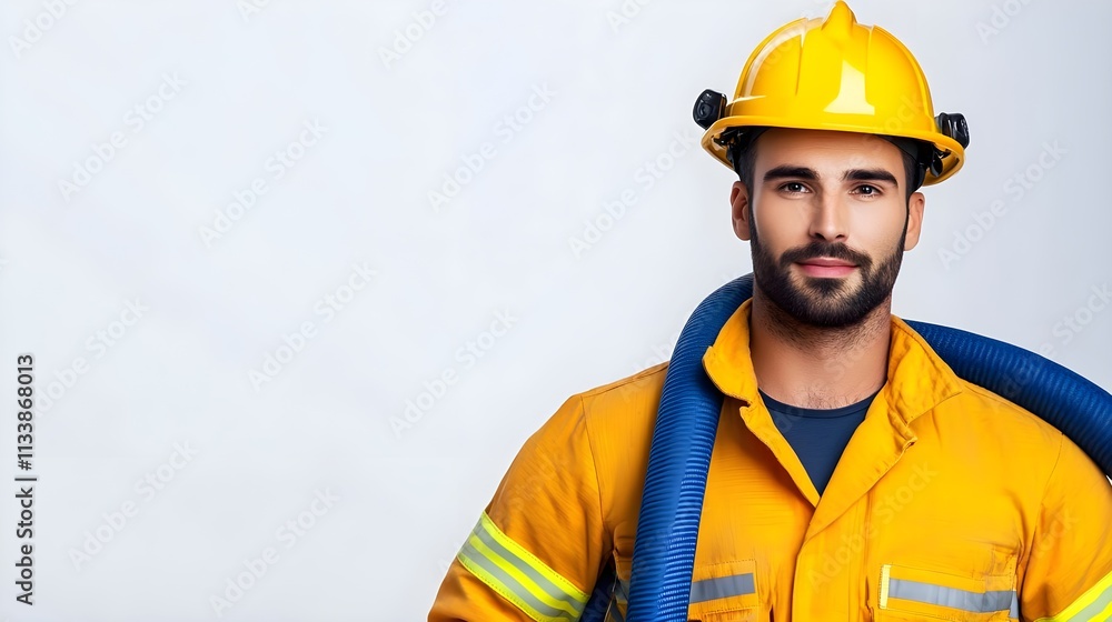 Confident male worker in bright yellow safety gear smiling at the camera, showcasing professionalism and dedication on a light background for construction or emergency response concepts. Confident male worker in bright yellow safety gear smiling at the camera, showcasing professionalism and dedication on a light background for construction or emergency response concepts.