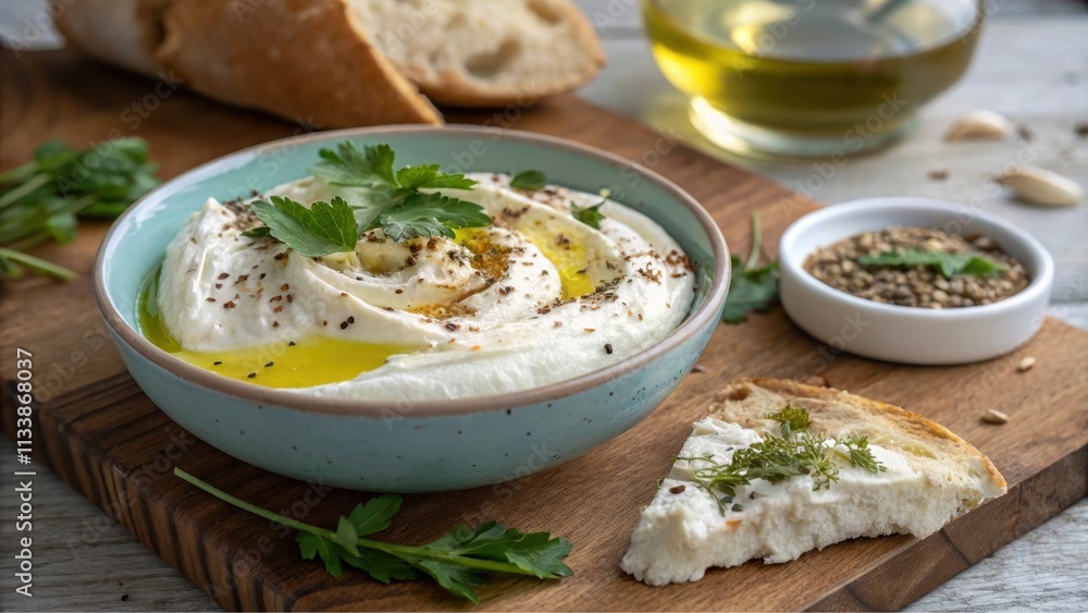 Creamy Whipped Feta Dip with Olive Oil and Herbs Served with Crusty Bread Creamy Whipped Feta Dip with Olive Oil and Herbs Served with Crusty Bread