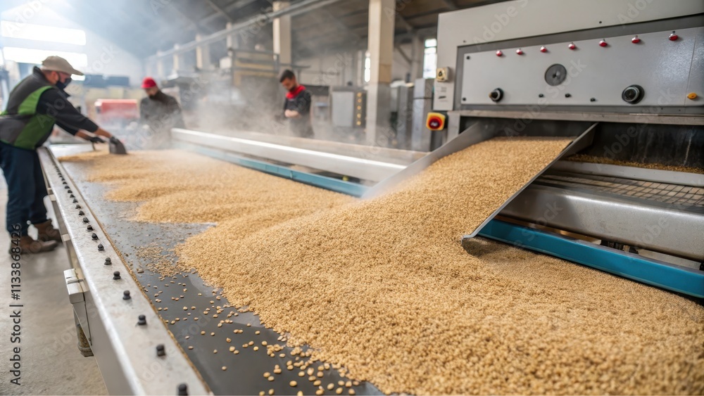 Industrial Grain Processing Workers Manage the Flow of Grains on a Conveyor Belt in a Modern Facility Industrial Grain Processing Workers Manage the Flow of Grains on a Conveyor Belt in a Modern Facility