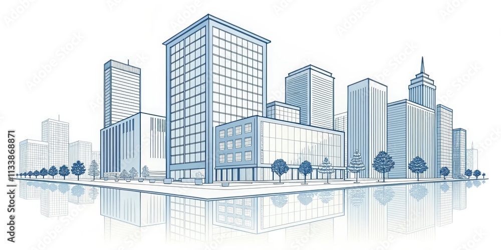A Modern Cityscape Reflection Architectural Line Art of Urban Buildings and Trees A Modern Cityscape Reflection Architectural Line Art of Urban Buildings and Trees