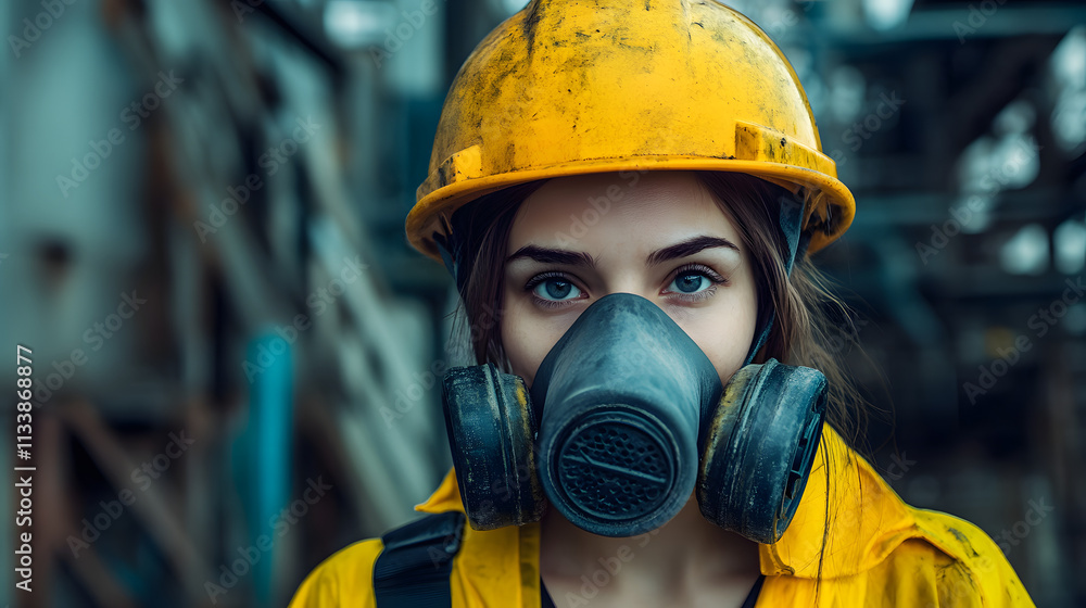 A woman adorned in a vibrant yellow helmet and protective gas mask stands confidently in a hazardous work environment. Her sturdy attire hints at the dangerous nature of her surroundings. A woman adorned in a vibrant yellow helmet and protective gas mask stands confidently in a hazardous work environment. Her sturdy attire hints at the dangerous nature of her surroundings.