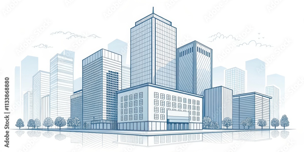 A Detailed Architectural Sketch of a Modern Urban Skyline Featuring Several High-Rise Buildings and Lush Greenery A Detailed Architectural Sketch of a Modern Urban Skyline Featuring Several High-Rise Buildings and Lush Greenery