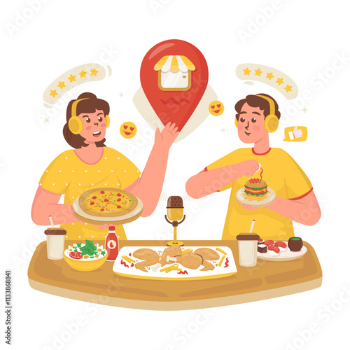 Collaboration of food bloggers reviewing food on podcast vector illustration