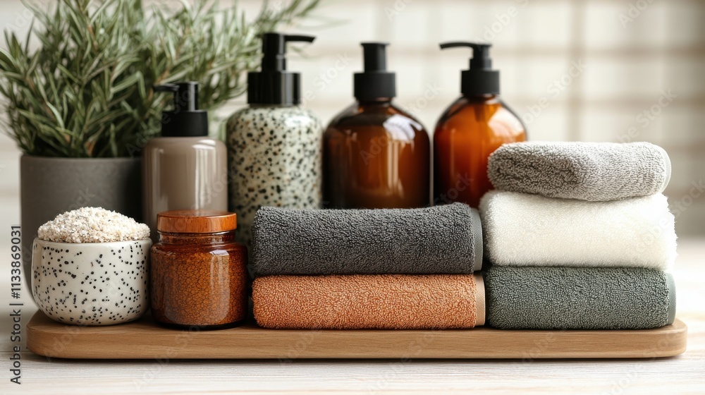 A serene arrangement of towels and skincare products for a spa-like atmosphere. A serene arrangement of towels and skincare products for a spa-like atmosphere.