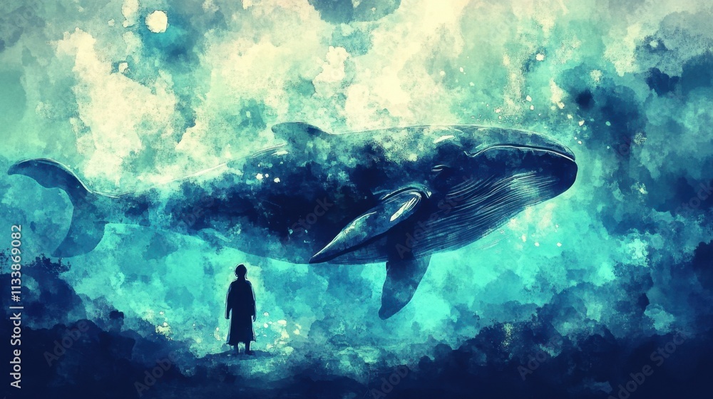 Fototapeta premium Artistic representation of the whale swimming near a figure in the water.