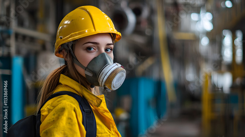 A woman adorned in a vibrant yellow helmet and protective gas mask stands confidently in a hazardous work environment. Her sturdy attire hints at the dangerous nature of her surroundings.