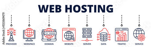 Web hosting banner web icon with contains provider, webspace, domain, server, data, traffic, service
