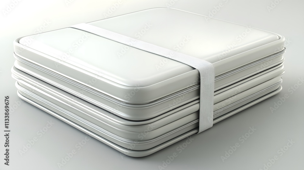 Stack of blank white square metal tins secured with a band. Stack of blank white square metal tins secured with a band.