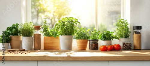 Wallpaper Mural Kitchen windowsill with fresh herbs, spices, and tomatoes in pots. Torontodigital.ca