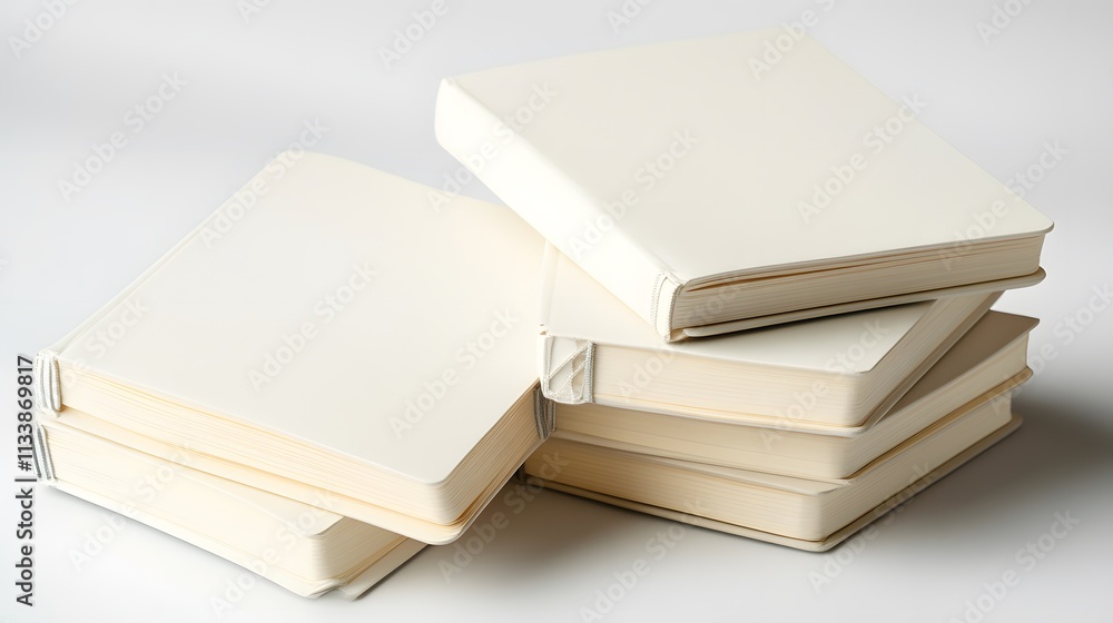 Stack of four blank, cream-colored notebooks on white background. Stack of four blank, cream-colored notebooks on white background.