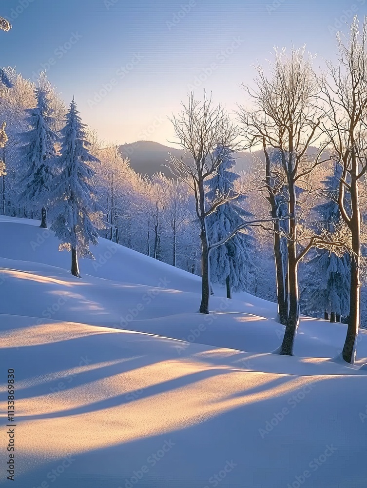 A serene winter landscape with snow-covered trees and gentle, illuminated slopes under a clear blue sky. A serene winter landscape with snow-covered trees and gentle, illuminated slopes under a clear blue sky.