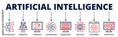 Artificial intelligence banner web icon with contains technology, robotics, learning, automation, knowledge, machine, software, computer