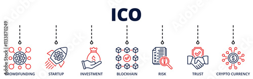 Ico banner web icon for Initial Coin Offering with crowdfunding, startup, investment, blockchain, risk, trust, crypto currency