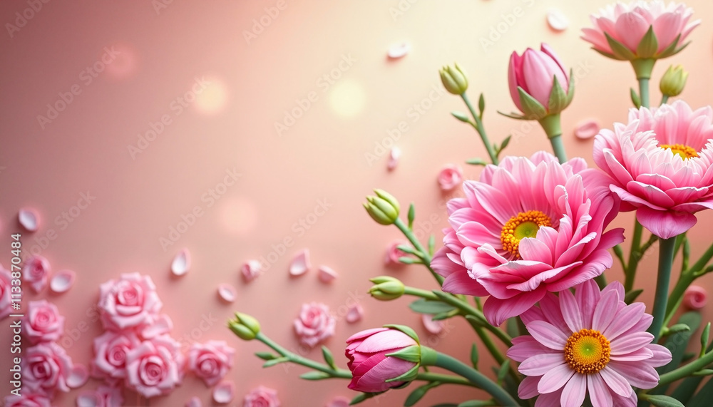 Beautiful bouquet of pink flowers with soft petals on a pastel background
Beautiful bouquet of pink flowers with soft petals on a pastel background
