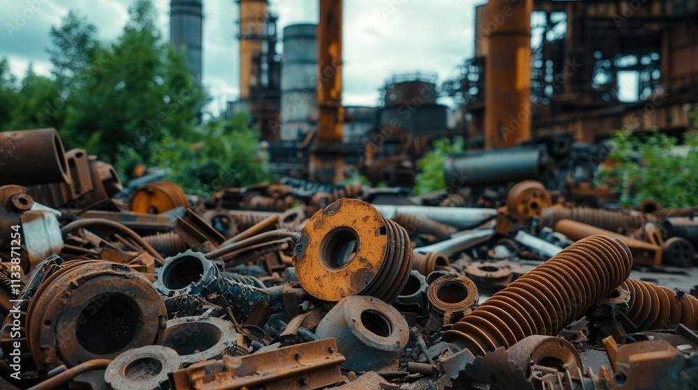 Rusted spare parts discarded in a scrapyard, with an overgrown industrial background. Rusted spare parts discarded in a scrapyard, with an overgrown industrial background.