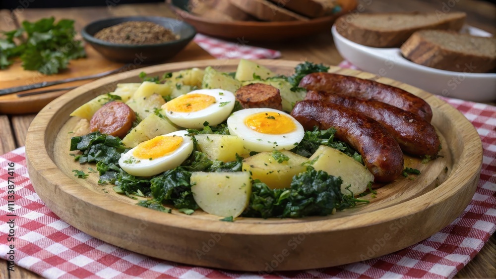 A hearty meal of boiled potatoes, leafy greens, sliced hard-boiled eggs, and savory sausages served on a rustic wooden platter A hearty meal of boiled potatoes, leafy greens, sliced hard-boiled eggs, and savory sausages served on a rustic wooden platter
