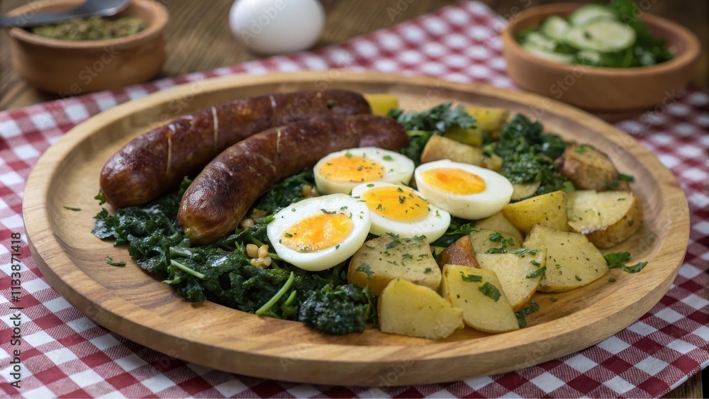 Hearty Sausage and Potato Dish with Soft Boiled Eggs and Greens Hearty Sausage and Potato Dish with Soft Boiled Eggs and Greens