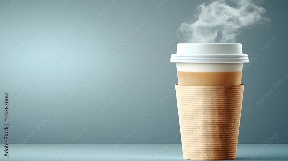 Steaming coffee in a disposable cup with a cardboard sleeve on a blue background. Steaming coffee in a disposable cup with a cardboard sleeve on a blue background.