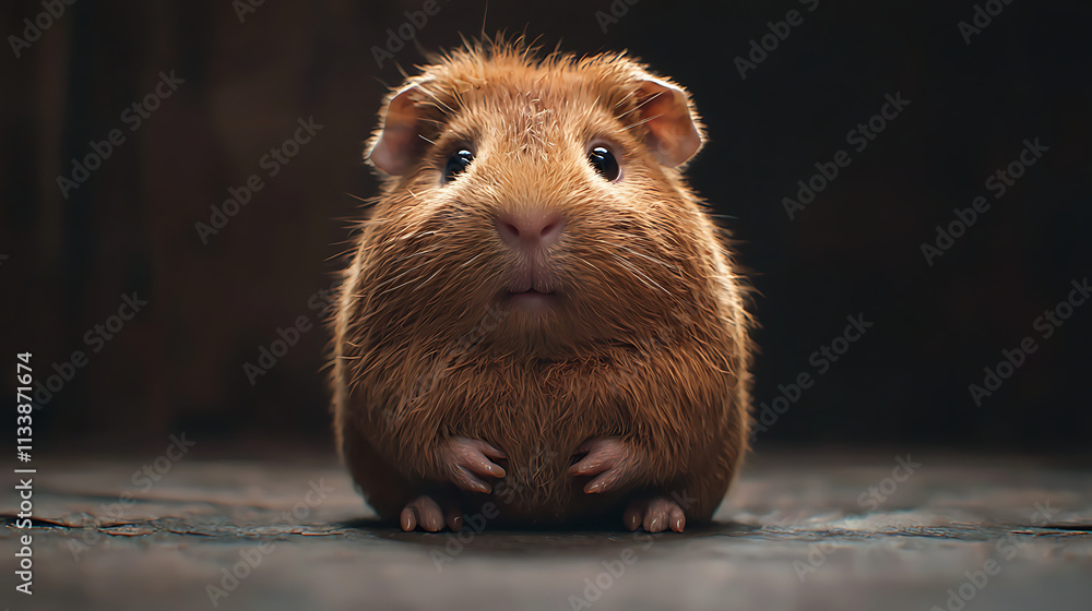 A small brown and white guinea pig is sitting on a dark surface A small brown and white guinea pig is sitting on a dark surface