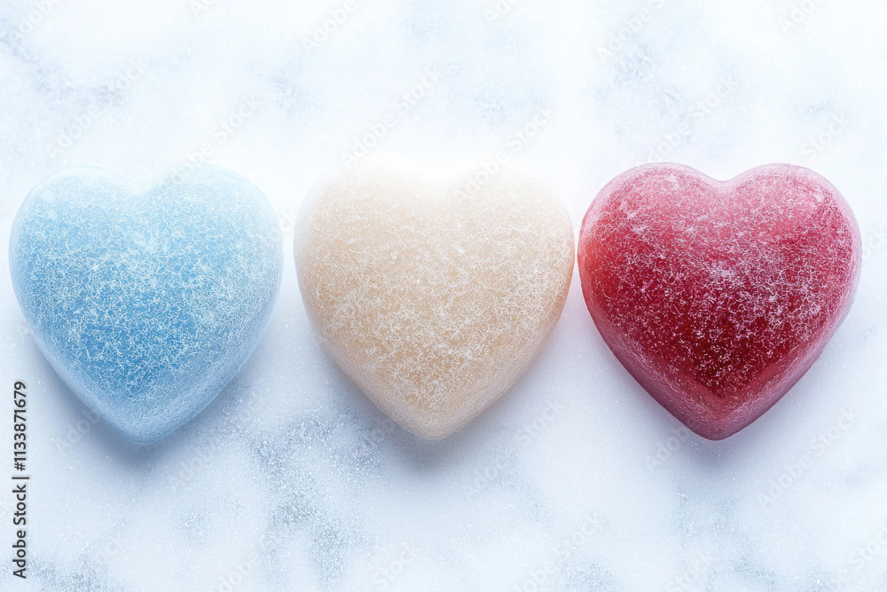 Fototapeta premium Heart shaped soaps in blue, white, and red colors on light background