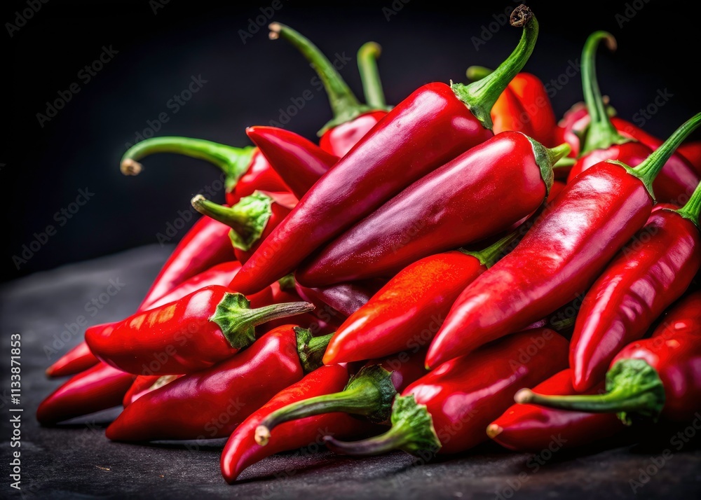 Vibrant chili pepper macro shots; deep shadows accentuate their fiery red hues. Vibrant chili pepper macro shots; deep shadows accentuate their fiery red hues.