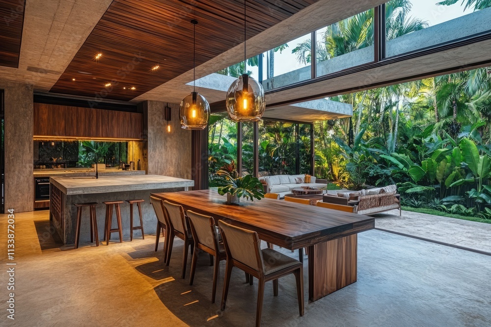 A large open space with a dining table and chairs, a wood kitchen island in the center of the room A large open space with a dining table and chairs, a wood kitchen island in the center of the room