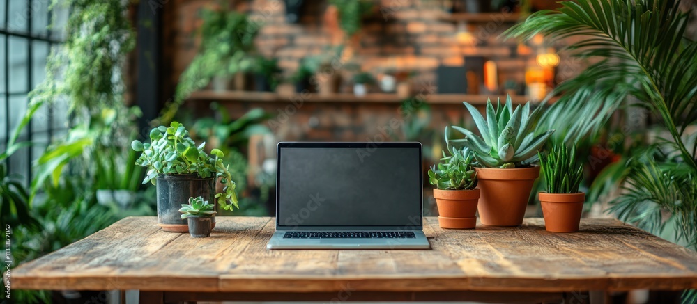 Laptop on wooden table with plants in the background. Laptop on wooden table with plants in the background.