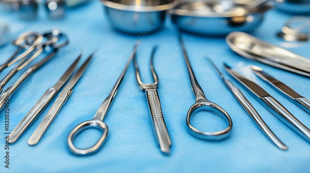 Sterile surgical instruments arranged on a blue drape. (1) Sterile surgical instruments arranged on a blue drape. (1)