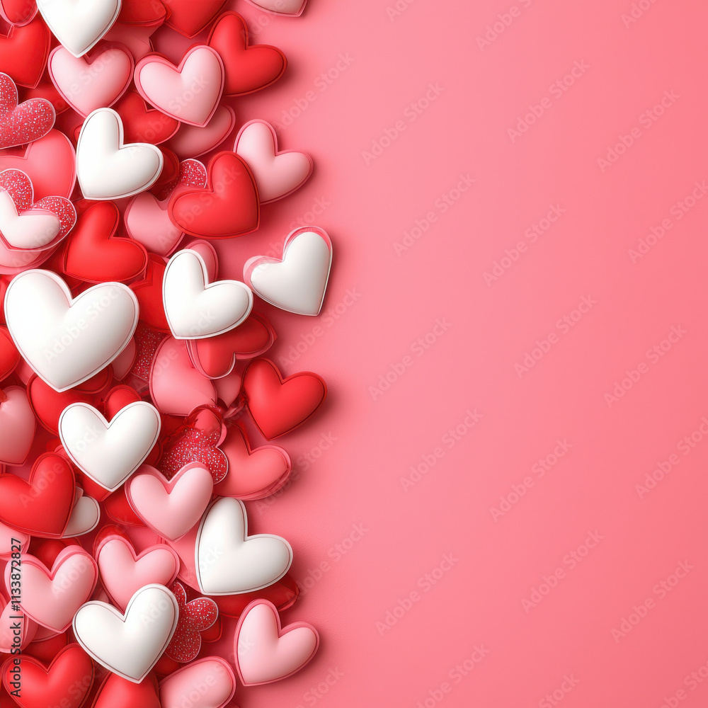 Colorful heart shaped confetti in pink and red hues creates festive mood Colorful heart shaped confetti in pink and red hues creates festive mood