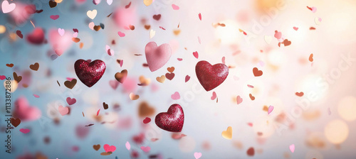 Heart shaped confetti raining over soft bokeh background creates romantic atmosphere