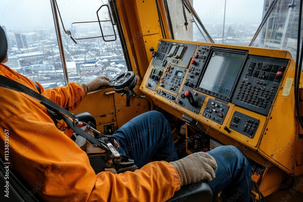 Interior shot of a crane operator cabin, showing the controls and panoramic window. Interior shot of a crane operator cabin, showing the controls and panoramic window.
