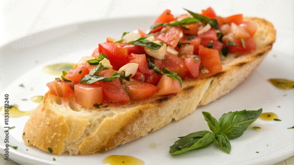 A Single Slice of Toasted Bread Topped with Diced Tomatoes, Garlic, and Fresh Basil Leaves, Dressed with Olive Oil A Single Slice of Toasted Bread Topped with Diced Tomatoes, Garlic, and Fresh Basil Leaves, Dressed with Olive Oil