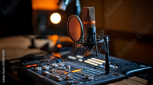 Studio Microphone Setup On Mixing Console photo