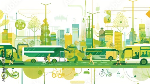 An abstract portrayal of a green urban mobility network with electric buses, bike-sharing stations, and pedestrian-friendly streets photo