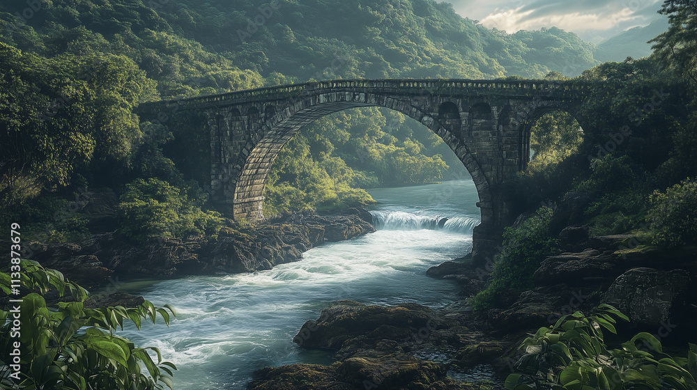 Majestic Stone Bridge Over Rushing River in Lush Green Landscape Majestic Stone Bridge Over Rushing River in Lush Green Landscape