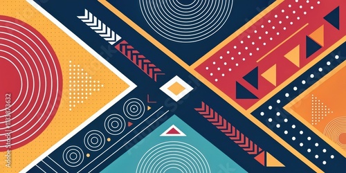 Abstract Geometric Design with Bold Colors and Shapes Featuring a Dynamic Composition of Intersecting Lines and Patterns