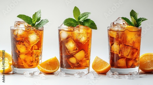 Refreshing Iced Tea in Glasses with Ice Cubes and Lemon Slices on a White Background for Summer or Beverage Themes