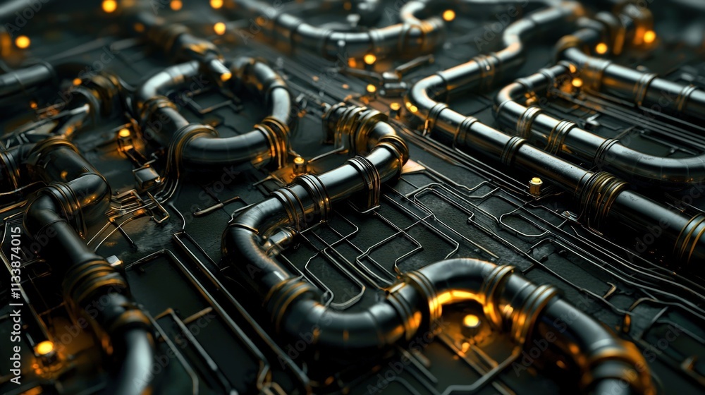 Aerial view of an industrial landscape with an intricate network of pipelines. Aerial view of an industrial landscape with an intricate network of pipelines.